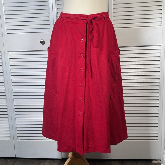 Y2K Fritzi Faux Suede Red Midi Skirt L Button Front Tie Waist with Pockets. - Picture 1 of 16
